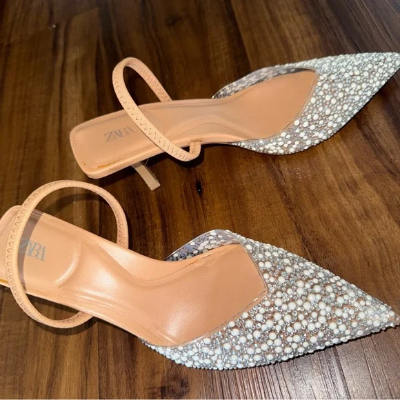 Zara Women's Beige and White Embellished Heels - Picture 1 of 6